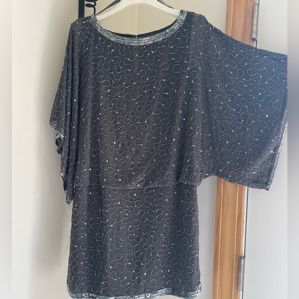 Jkara size 14P grey beaded cocktail dress